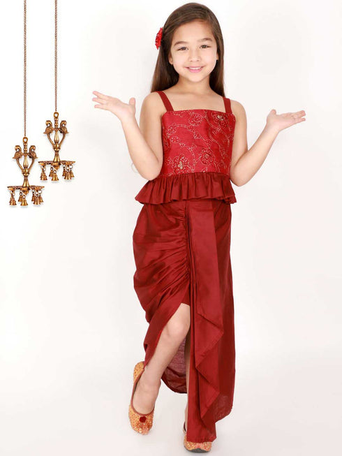 Girl's Maroon Draped Skirt With Crop Top